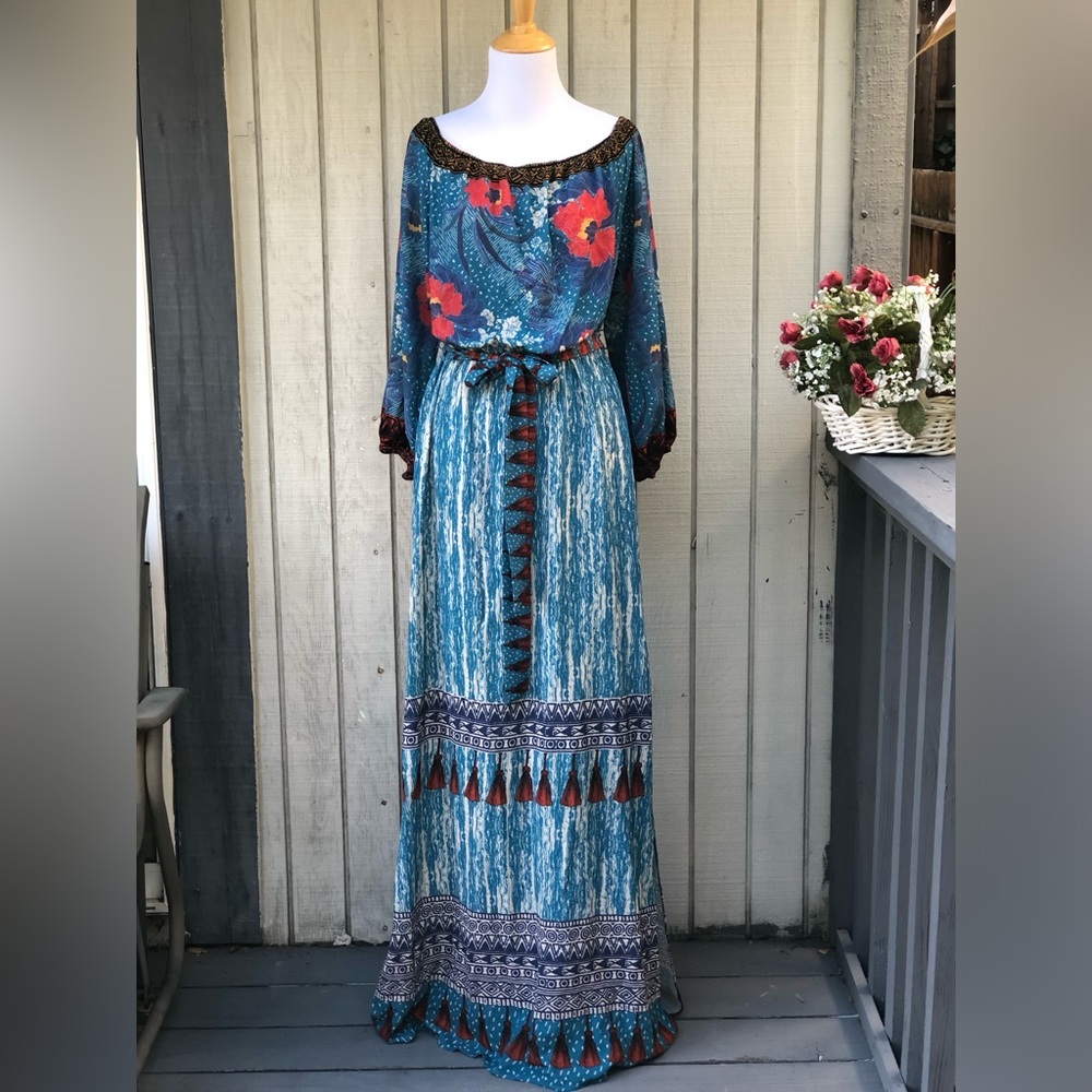 Flying Tomato Boho Blue Gauze Floral Geometric Belted Blue Red Maxi Dress size L